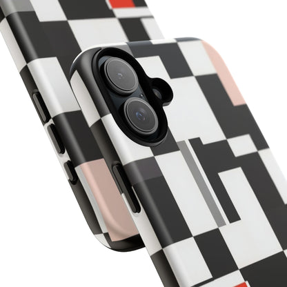 Abstract Geometric Phone Case – Black & White Checker Grid with Red Accent