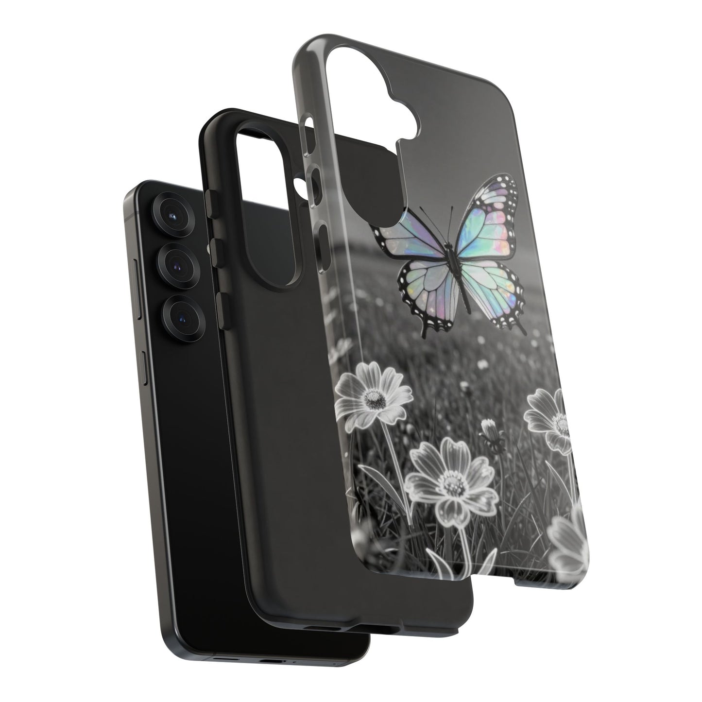 Butterfly Field Tough Phone Case — Pastel Holographic Butterfly on Black & White Floral Background