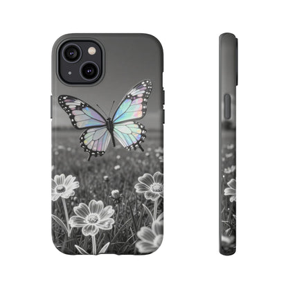 Butterfly Field Tough Phone Case — Pastel Holographic Butterfly on Black & White Floral Background