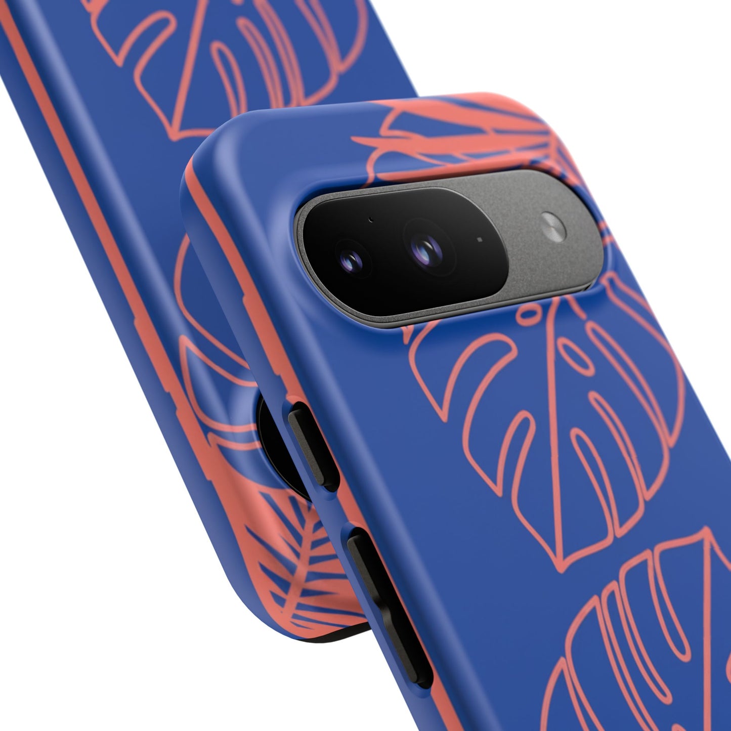Tropical Monstera Phone Case — Blue & Coral Leaf Protective Cover