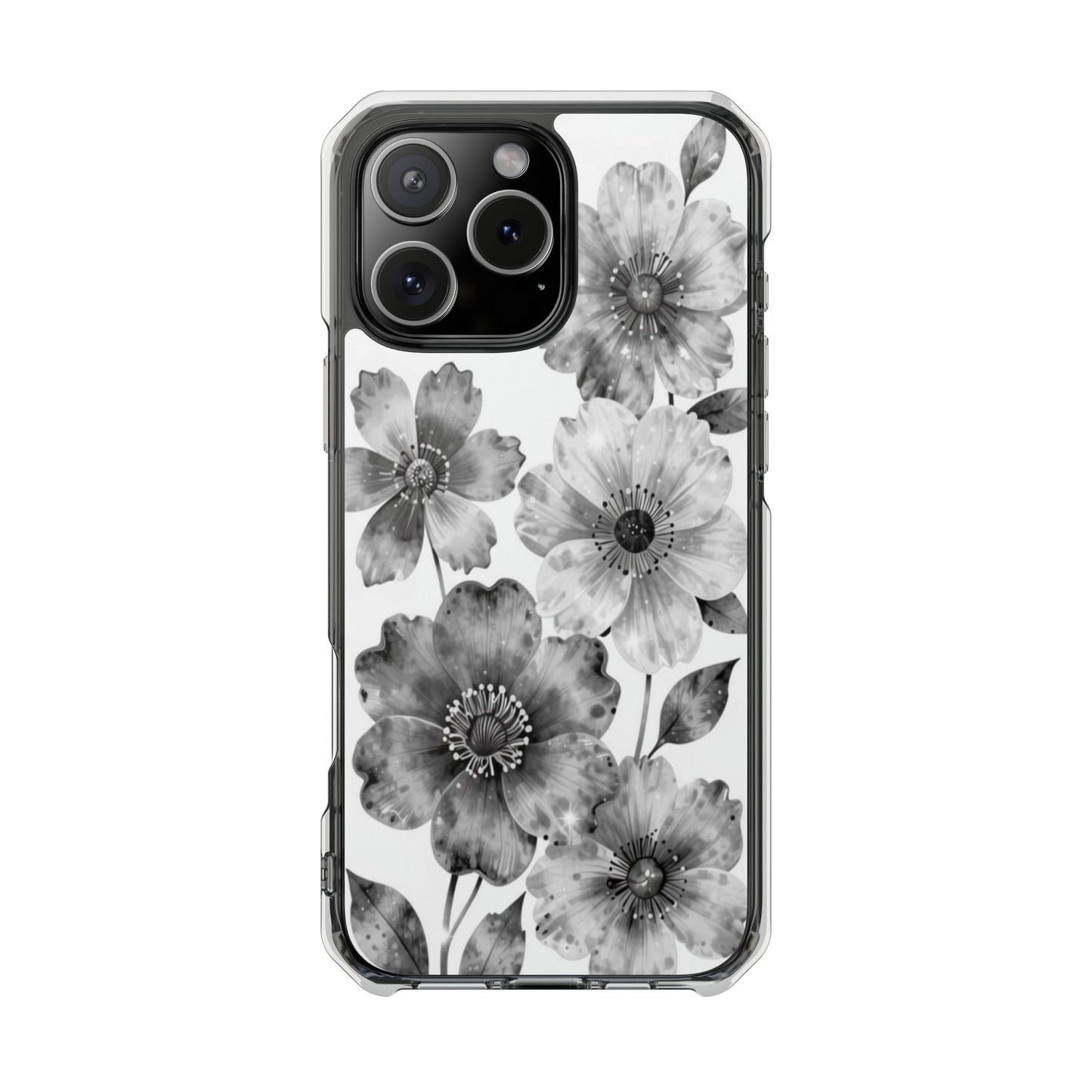 Clear Magnetic Phone Case — Black & White Watercolor Floral Design