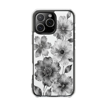 Clear Magnetic Phone Case — Black & White Watercolor Floral Design