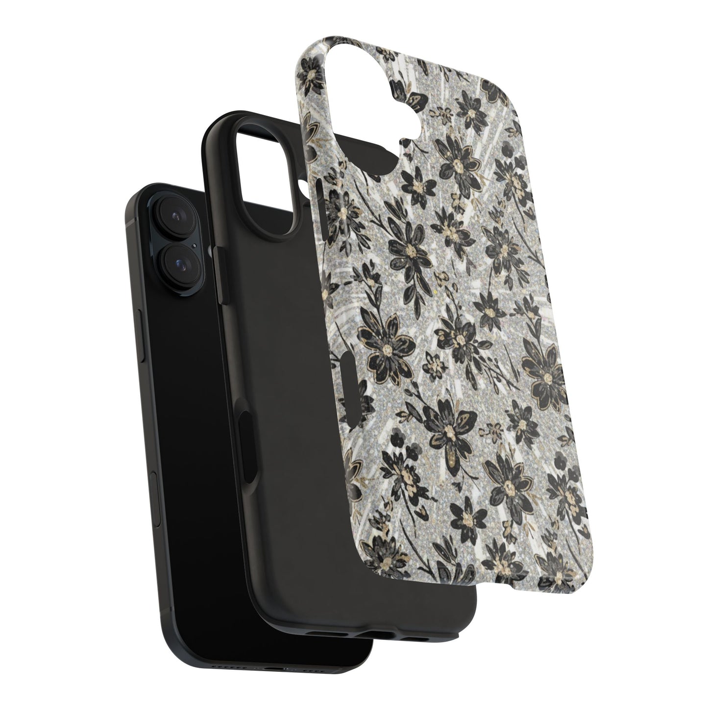 Floral Vintage Tough Phone Case — Black & Gray Rustic Flower Protective Case