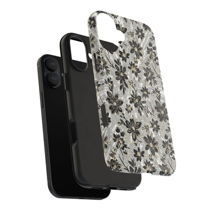 Floral Vintage Tough Phone Case — Black & Gray Rustic Flower Protective Case