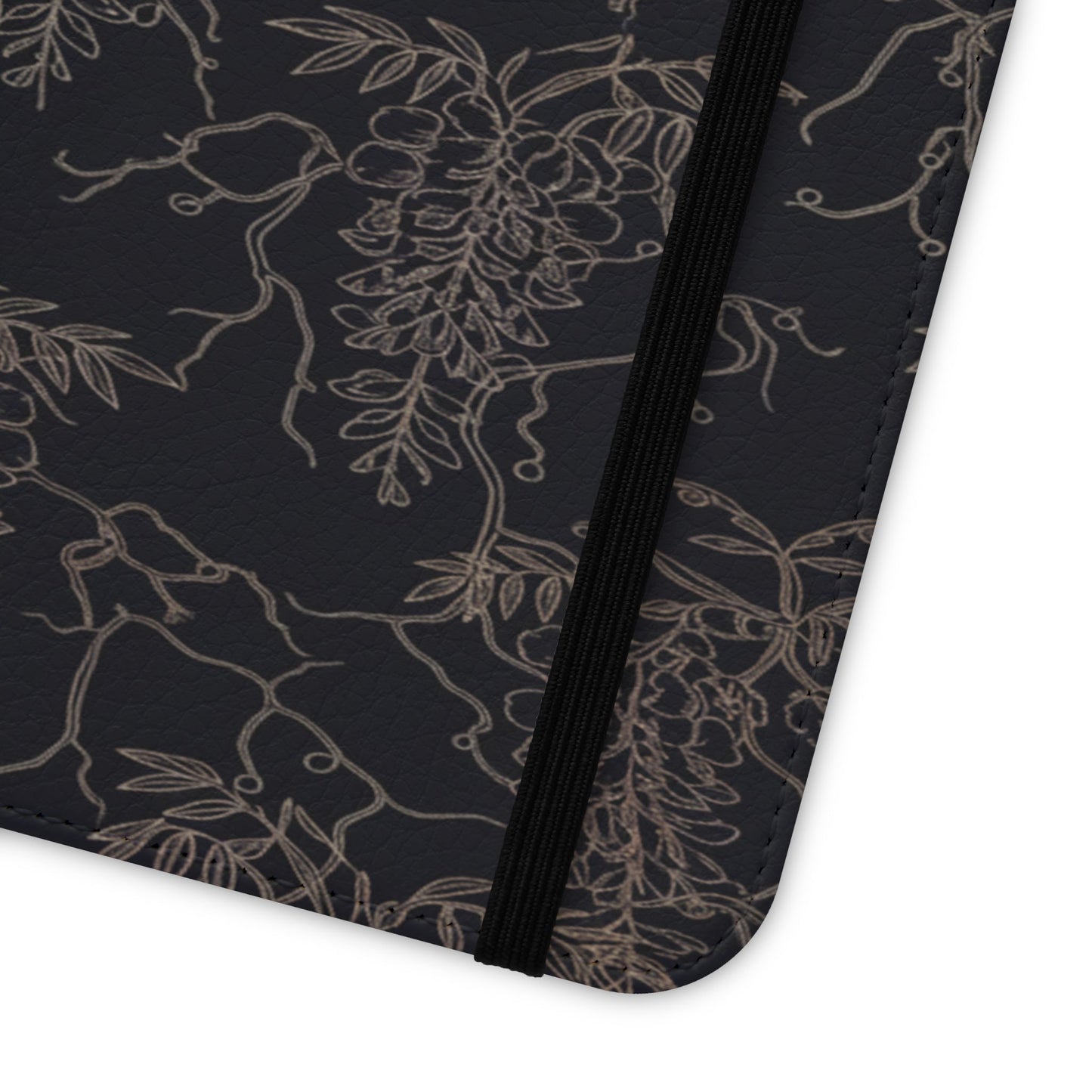 Botanical Noir Flip Phone Case — Dark Floral Wallet Cover with Card Slots