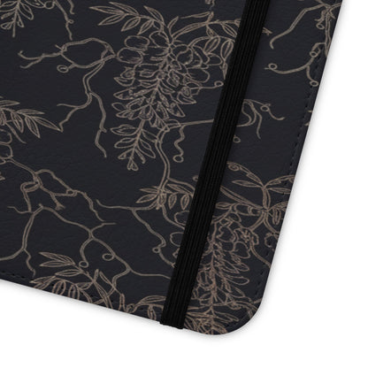 Botanical Noir Flip Phone Case — Dark Floral Wallet Cover with Card Slots