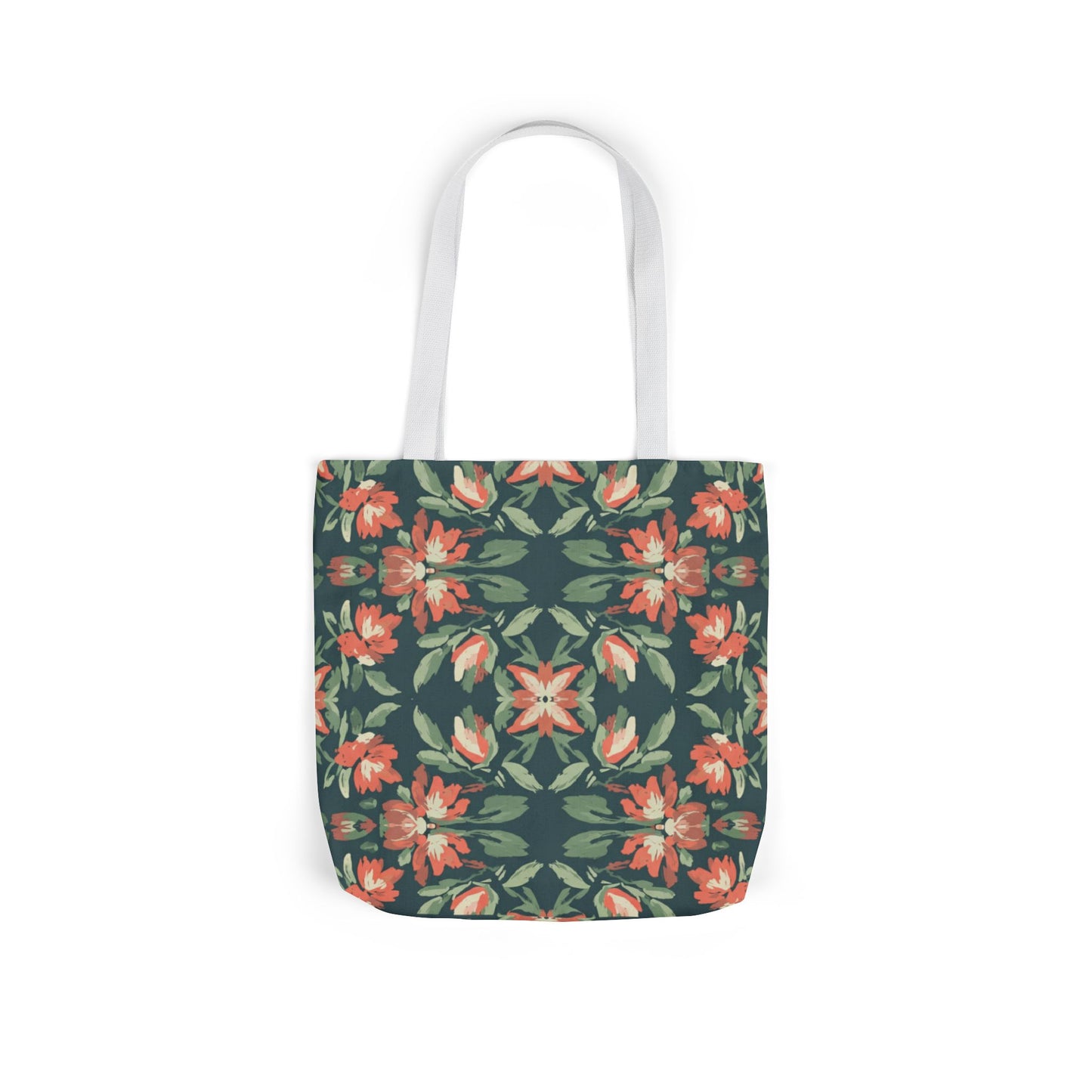 Floral Kaleidoscope Canvas Tote Bag — Green & Coral Patterned Market Tote