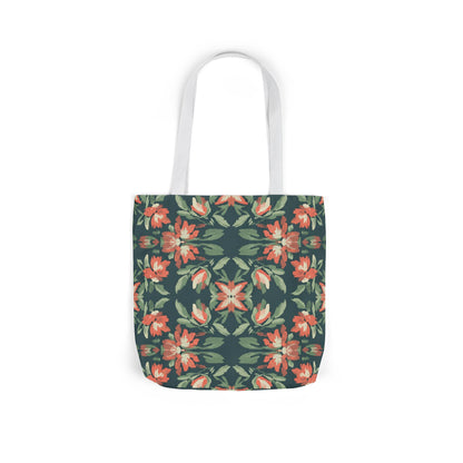 Floral Kaleidoscope Canvas Tote Bag — Green & Coral Patterned Market Tote
