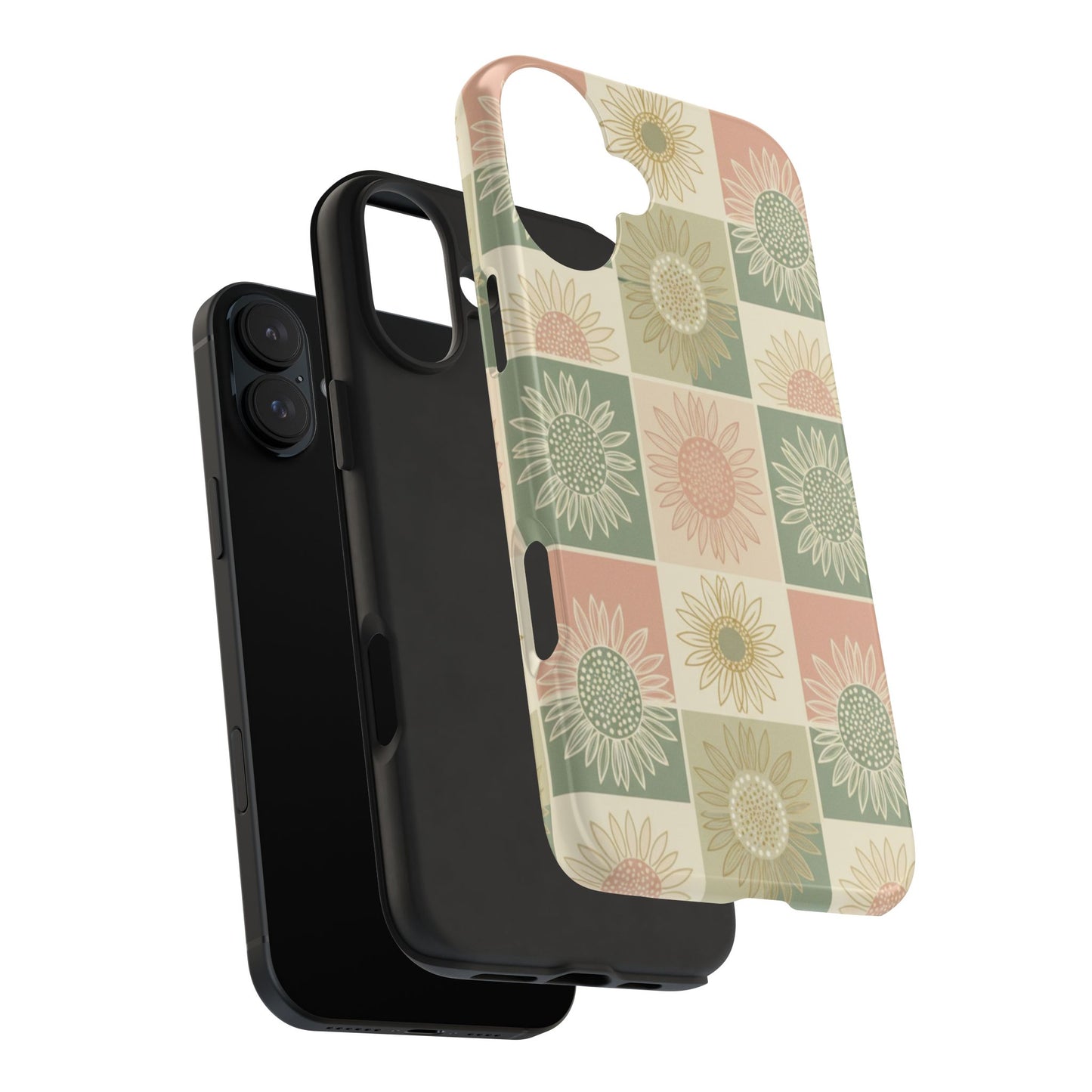 Sunflower Check iPhone Tough Phone Case — Retro Pastel Floral Protective Cover