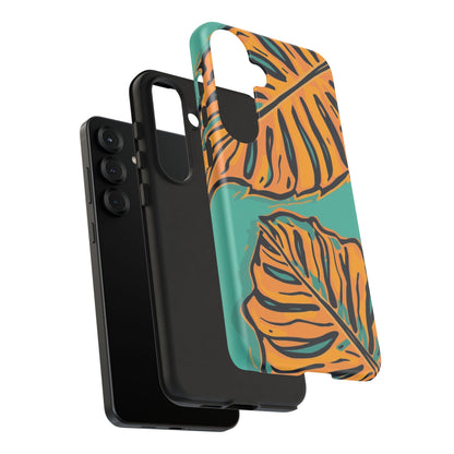 Tropical Leaf Tough Phone Case — Orange Monstera Design on Teal