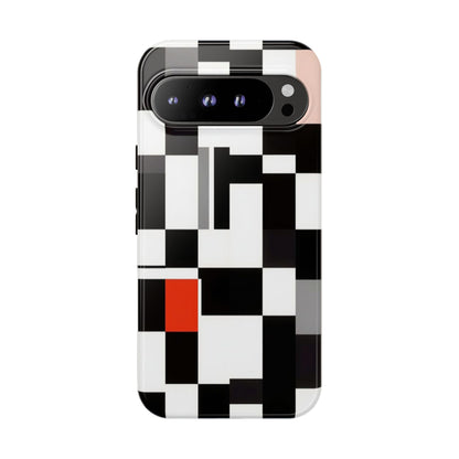 Abstract Geometric Phone Case – Black & White Checker Grid with Red Accent