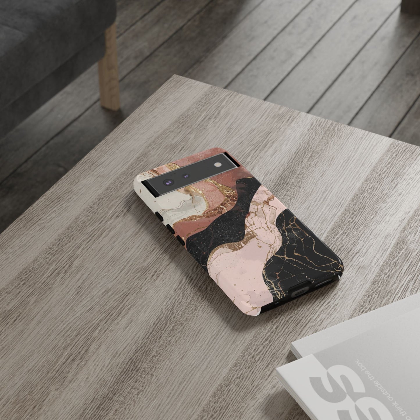 Marbled Rose Gold Phone Case — Abstract Pink & Black Protective Tough Case