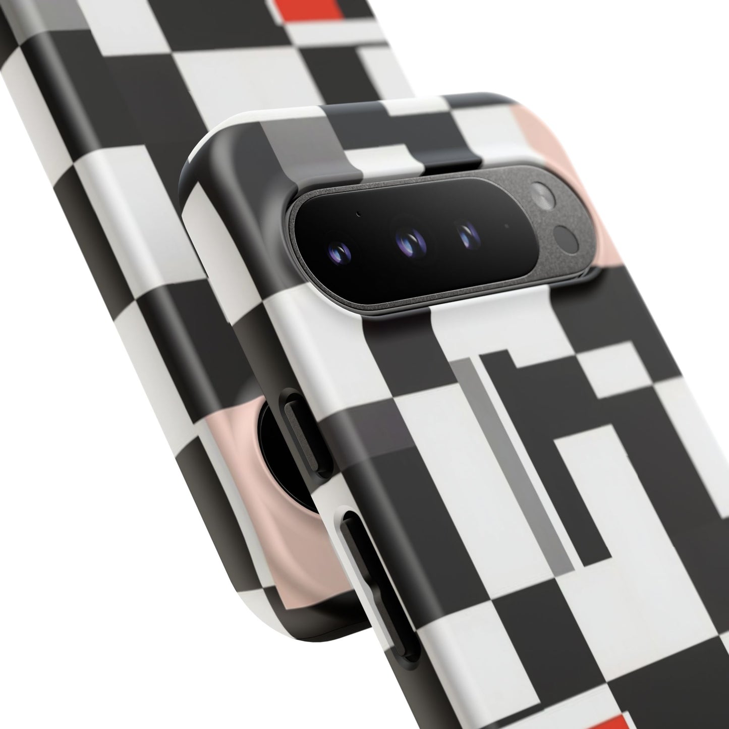 Abstract Geometric Phone Case – Black & White Checker Grid with Red Accent