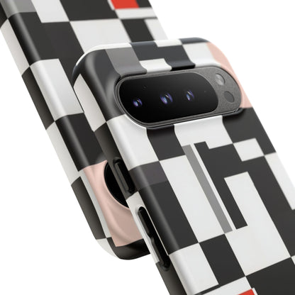 Abstract Geometric Phone Case – Black & White Checker Grid with Red Accent
