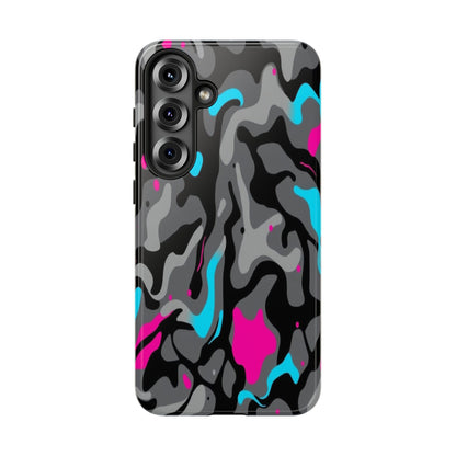 Camouflage Phone Case — Gray Camo with Neon Pink & Cyan Accent Tough Protective Cover