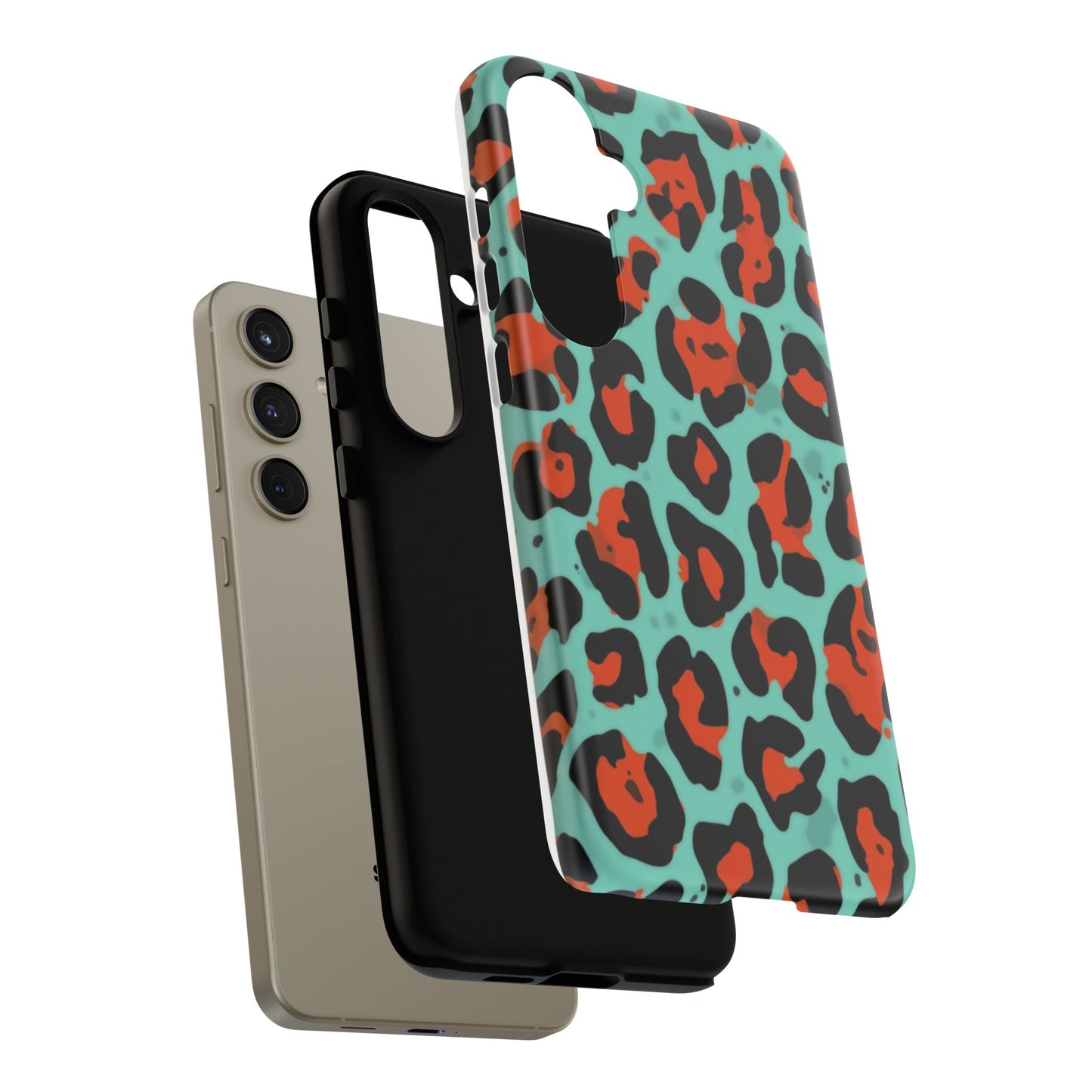 Leopard Print Tough Phone Case — Teal & Rust Protective iPhone Cover
