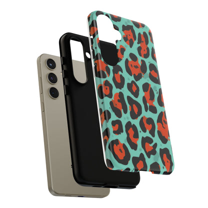 Leopard Print Tough Phone Case — Teal & Rust Protective iPhone Cover