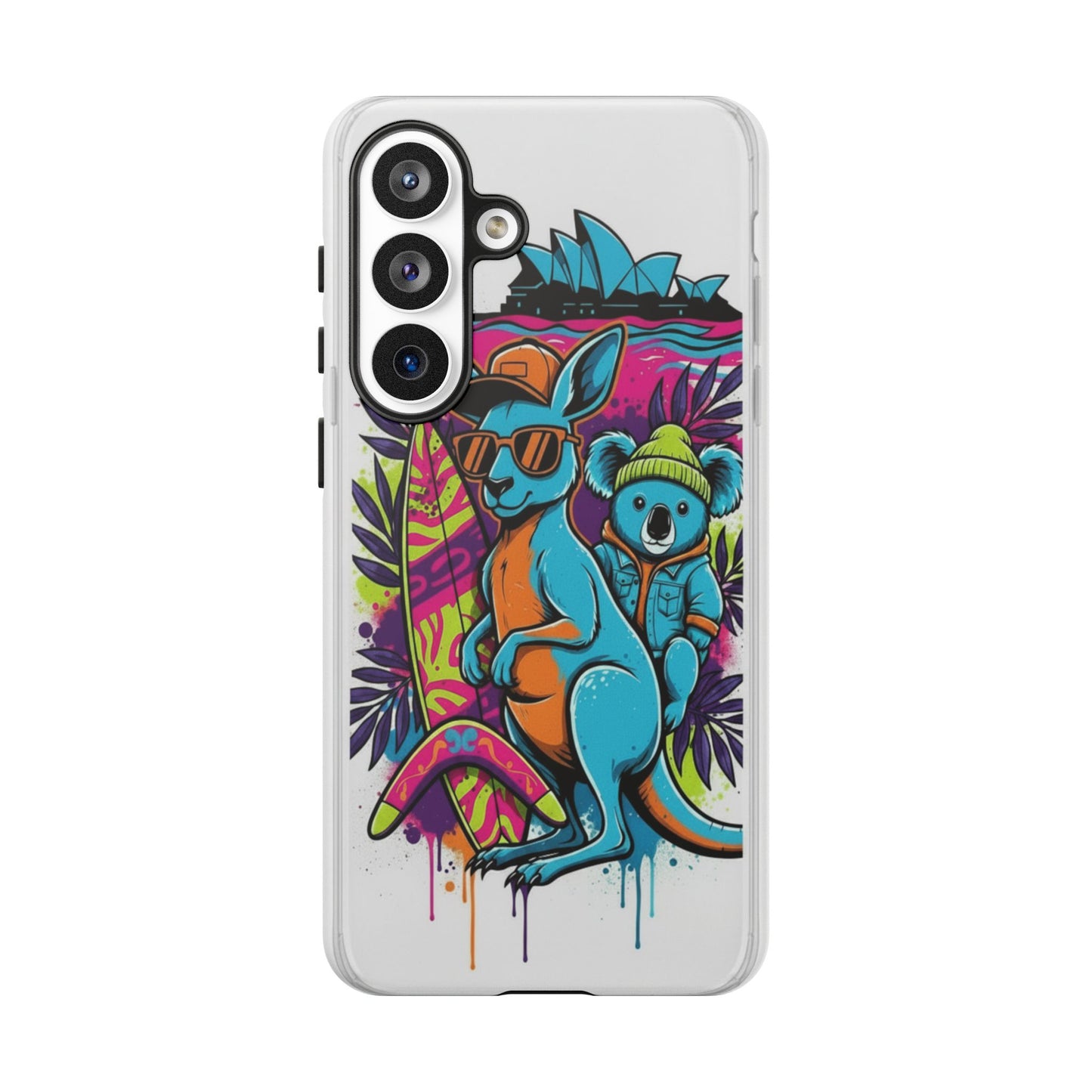 Kangaroo & Koala Surf Phone Case — Retro Neon Beach Art Tough Case