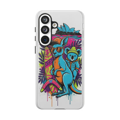 Kangaroo & Koala Surf Phone Case — Retro Neon Beach Art Tough Case