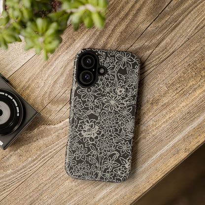 Floral Doodle Tough Phone Case — Black & White Sketch Flower Protective Cover