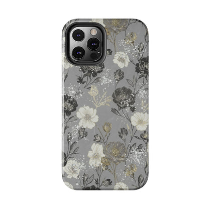 Floral Gray Tough Phone Case — Elegant Protective Phone Cover with Gold Accent
