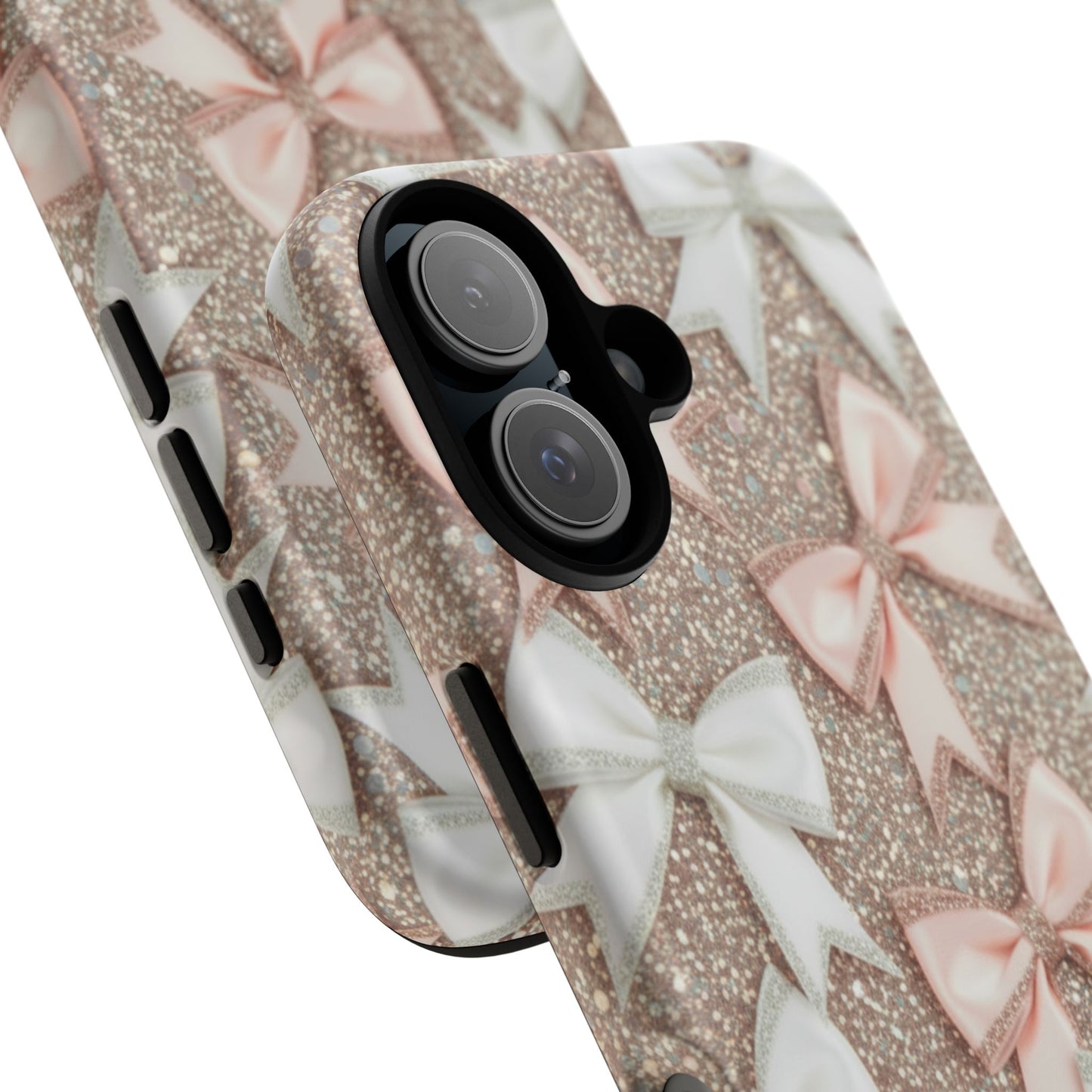 Glitter Bow Tough Phone Case — Pink & White Ribbon Protective Cover