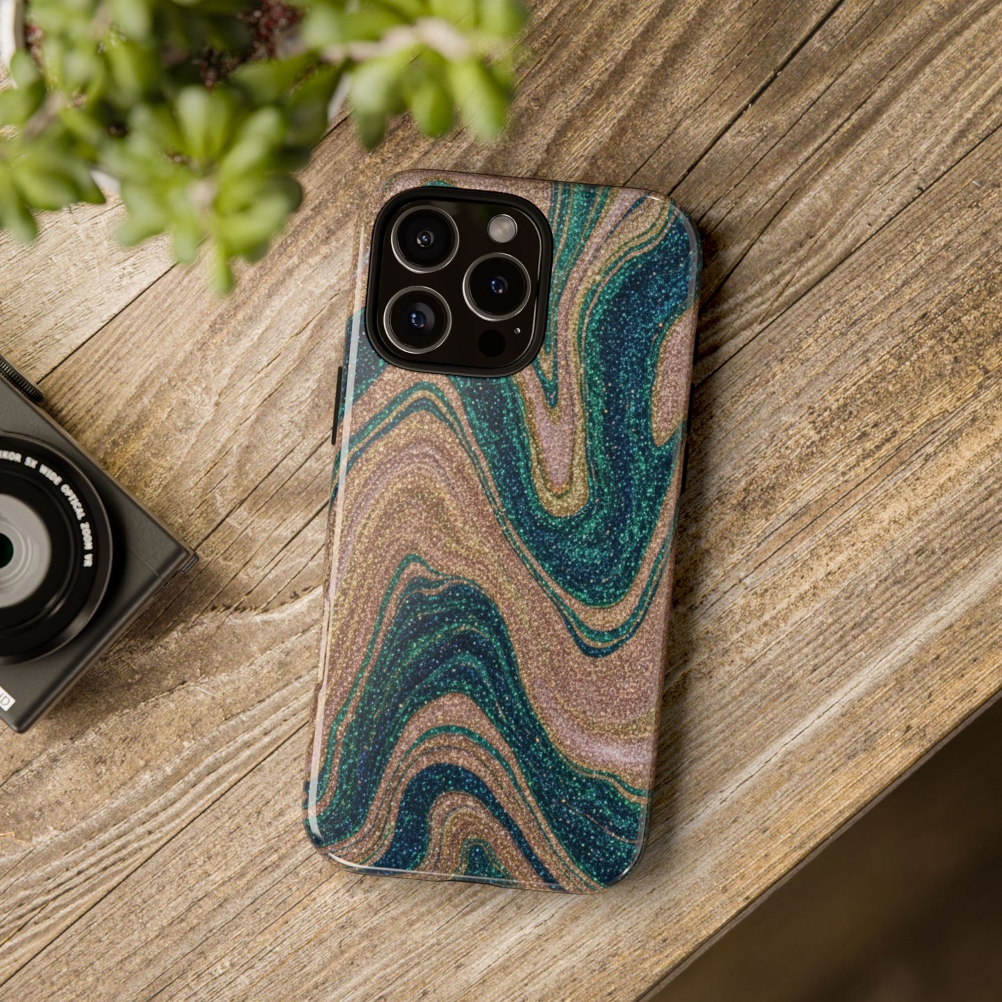 Marbled Teal & Gold Phone Case — Glitter Swirl Tough Case