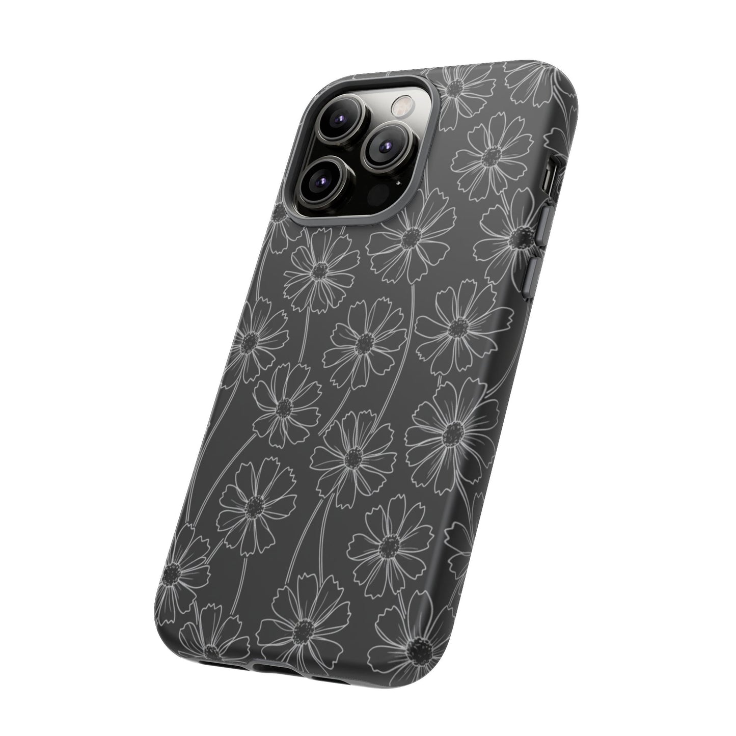 Floral Doodle Tough Phone Case — Black & Gray Daisy Pattern