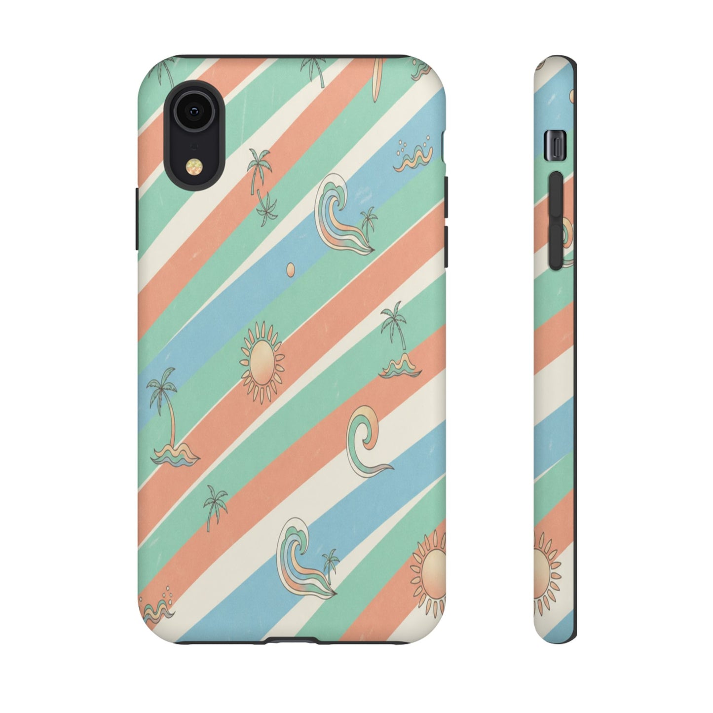 Retro Beach Stripes Phone Case — Sun, Waves & Palm Pattern Tough Case