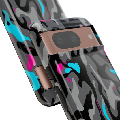 Camouflage Phone Case — Gray Camo with Neon Pink & Cyan Accent Tough Protective Cover