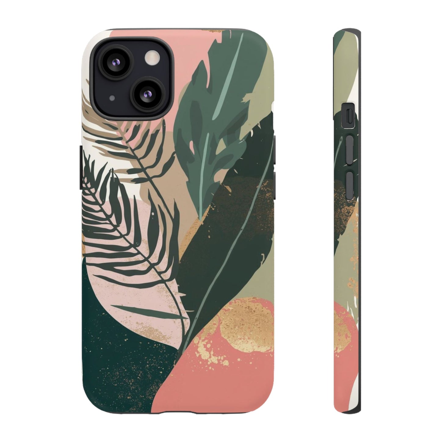 Tropical Leaf Tough Phone Case — Abstract Pink & Green Botanical Protective Cover