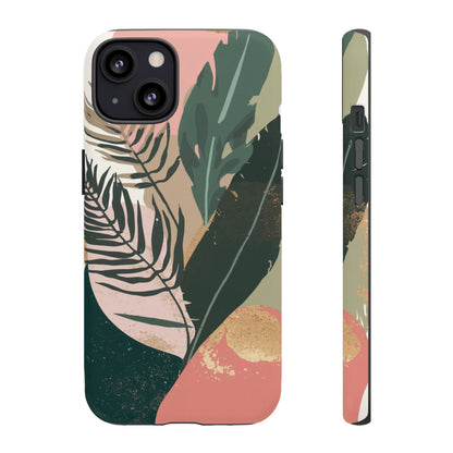 Tropical Leaf Tough Phone Case — Abstract Pink & Green Botanical Protective Cover