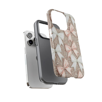 Glitter Bow Tough Phone Case — Pink & White Ribbon Protective Cover