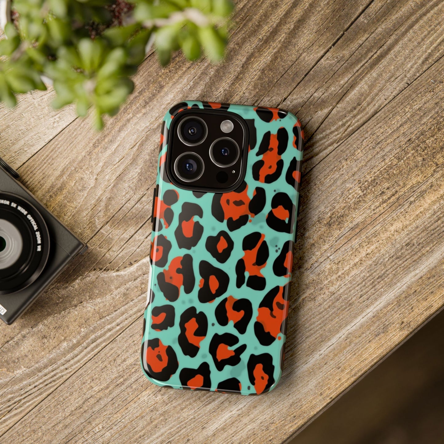Leopard Print Tough Phone Case — Teal & Rust Protective iPhone Cover
