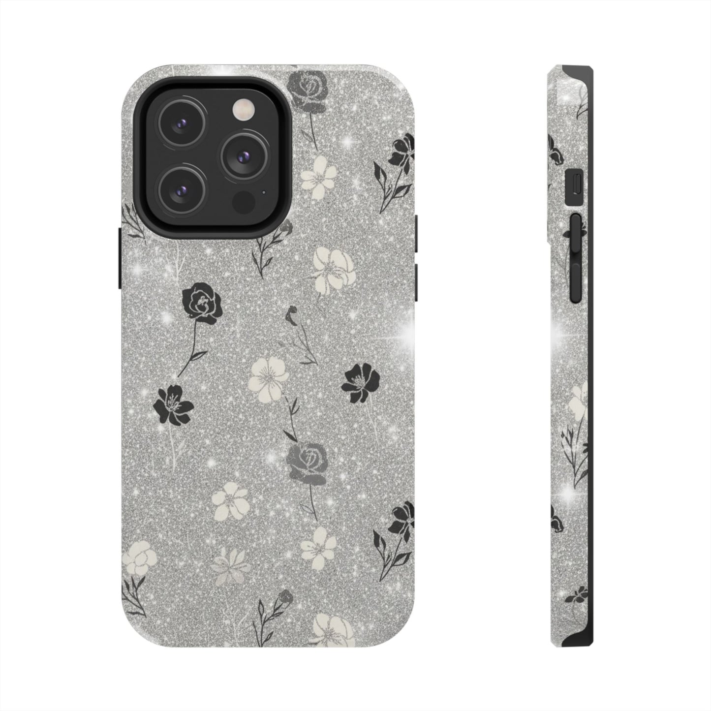 Floral Glitter Tough Phone Case — Black & Silver Vintage Flower Protective Cover