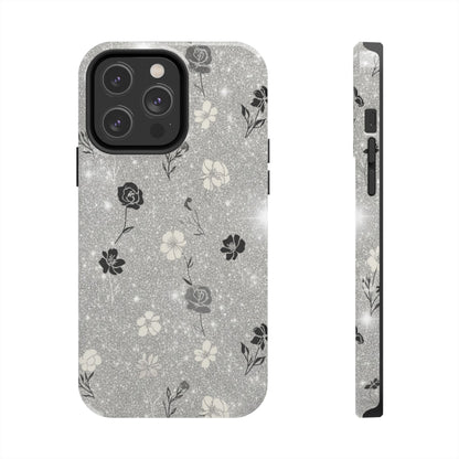 Floral Glitter Tough Phone Case — Black & Silver Vintage Flower Protective Cover