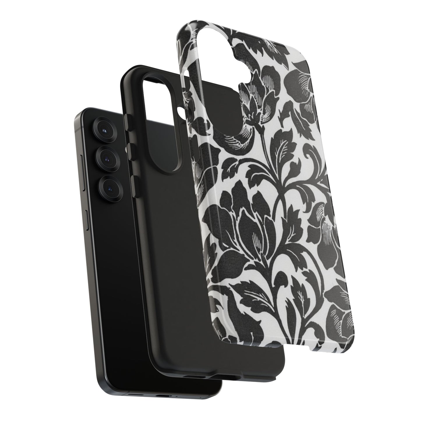 Tough Phone Case — Black & White Vintage Floral Protective Cover
