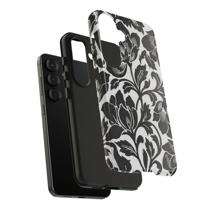Tough Phone Case — Black & White Vintage Floral Protective Cover