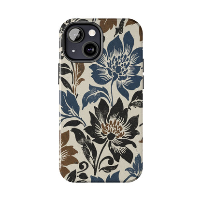 Floral Vintage Tough Phone Case — Blue & Brown Botanical Protection