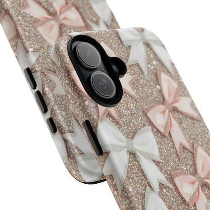 Glitter Bow Tough Phone Case — Pink & White Ribbon Protective Cover