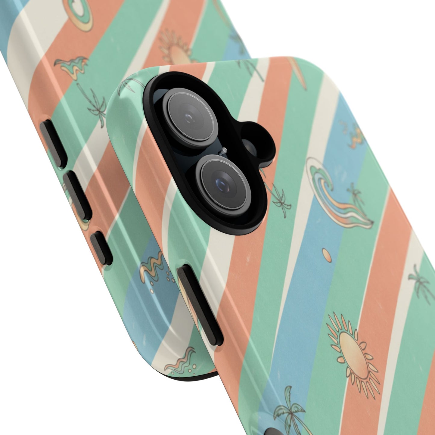 Retro Beach Stripes Phone Case — Sun, Waves & Palm Pattern Tough Case