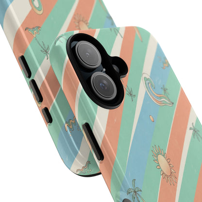 Retro Beach Stripes Phone Case — Sun, Waves & Palm Pattern Tough Case