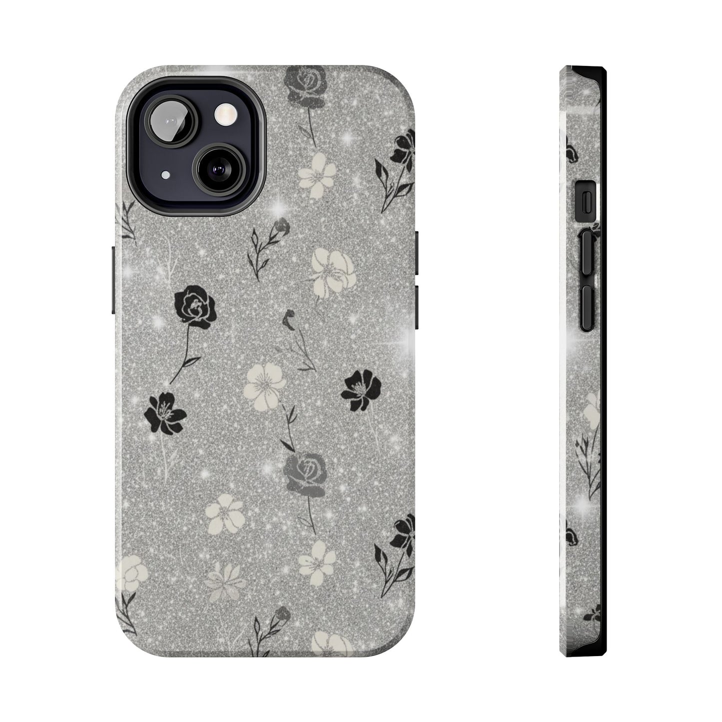 Floral Glitter Tough Phone Case — Black & Silver Vintage Flower Protective Cover