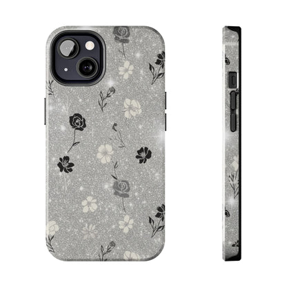 Floral Glitter Tough Phone Case — Black & Silver Vintage Flower Protective Cover