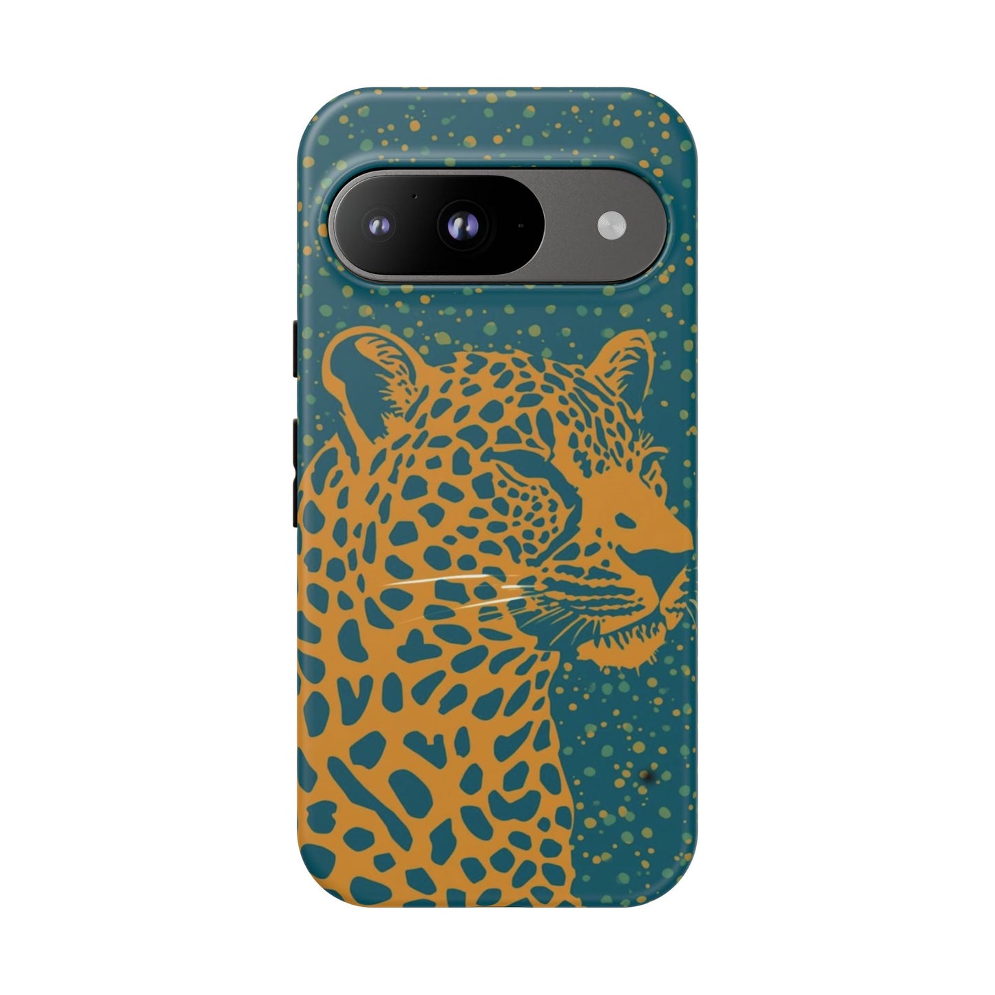 Leopard Print Tough Phone Case — Gold Panther on Teal, Protective iPhone Cover