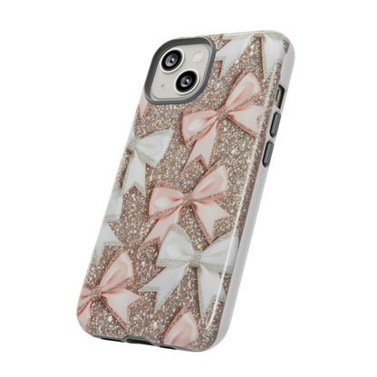 Glitter Bow Tough Phone Case — Pink & White Ribbon Protective Cover