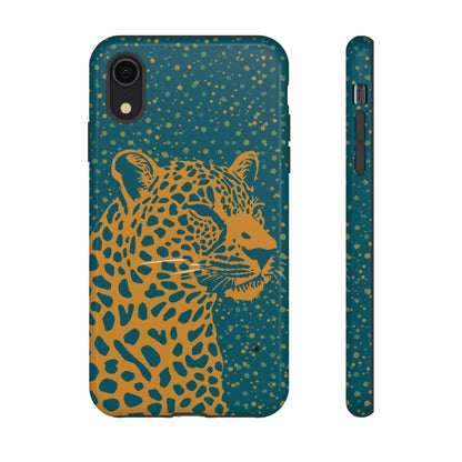 Leopard Print Tough Phone Case — Gold Panther on Teal, Protective iPhone Cover
