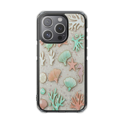 Clear Impact Phone Case — Pastel Seashell & Coral Beach Design (Magnetic)