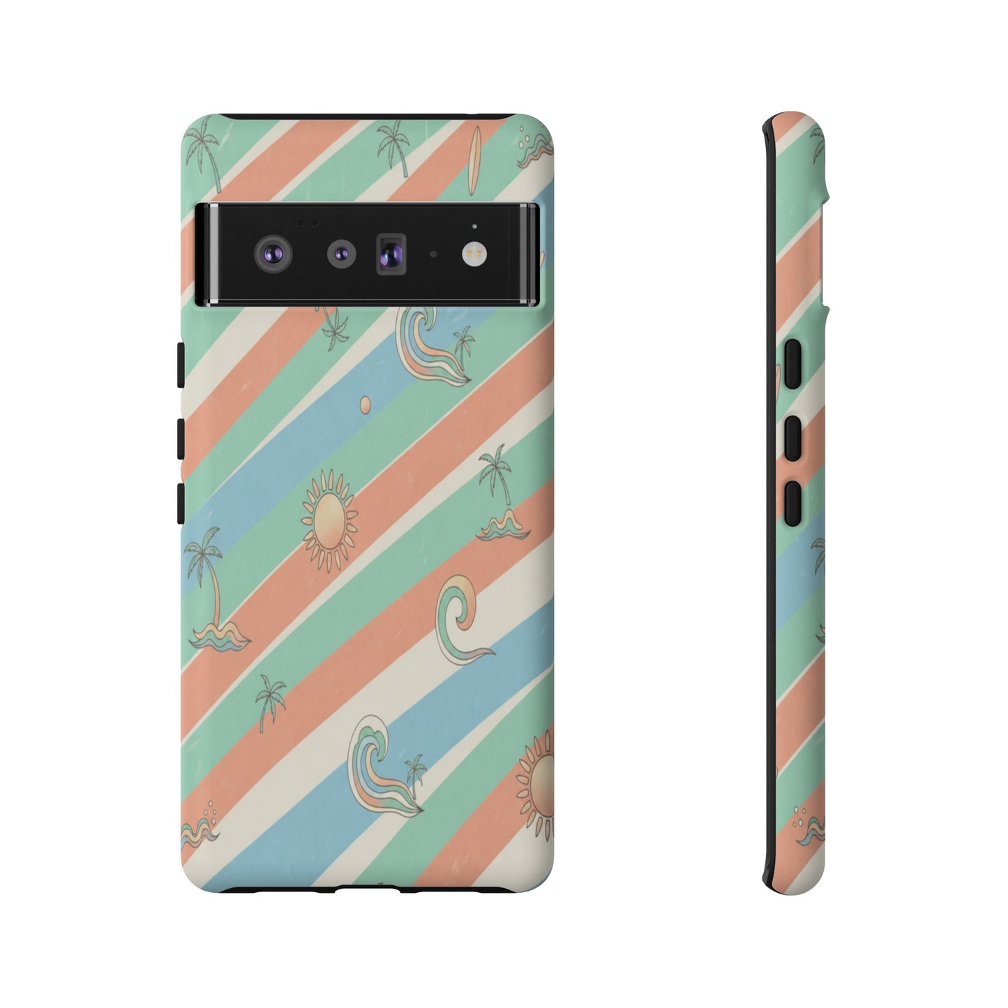 Retro Beach Stripes Phone Case — Sun, Waves & Palm Pattern Tough Case