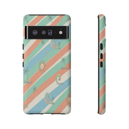 Retro Beach Stripes Phone Case — Sun, Waves & Palm Pattern Tough Case